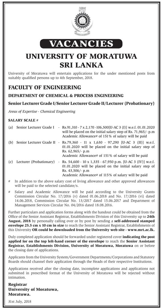 Senior Lecturer, Lecturer - University of Moratuwa